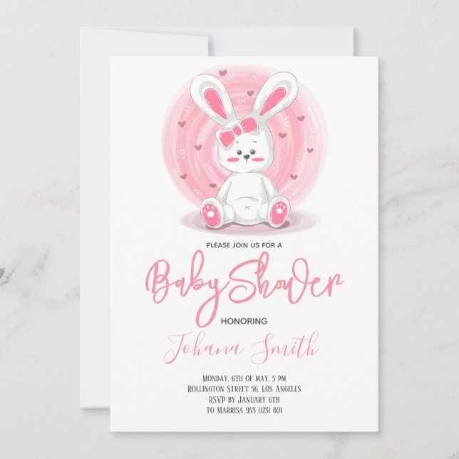 Niedliche Rosa Kaninchen Kinderdusche Einladung (Vorderseite)