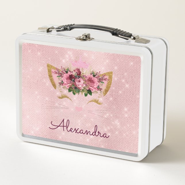 Niedliche Rosa-Kätzchen-Monogram-Schule Metall Brotdose (Vorderseite)