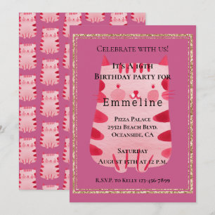 Niedliche Rosa Katze Gold Glitzer 16. Geburtstag Einladung