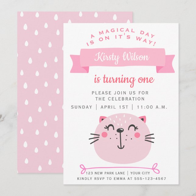 Niedliche rosa Katze | KINDERGEBURTSTAG Einladung (Vorne/Hinten)