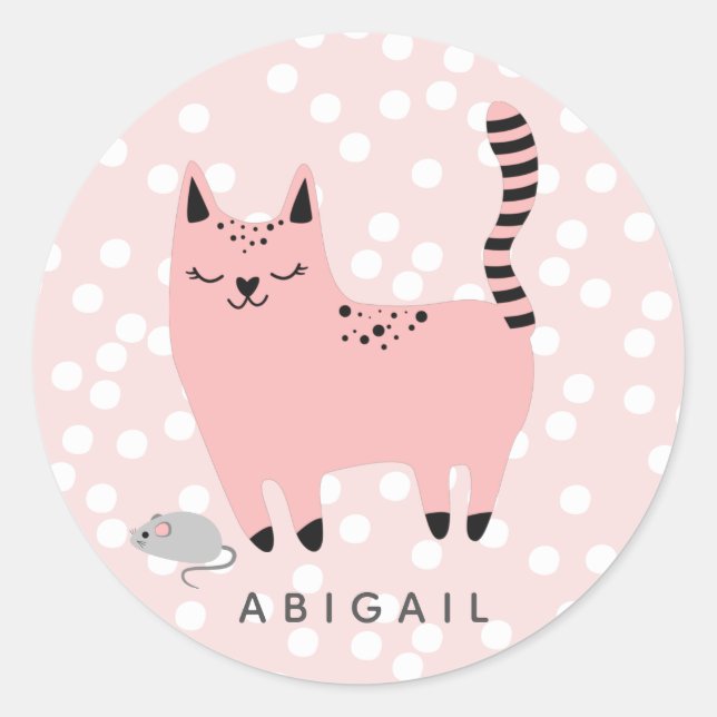 Niedliche Rosa Katze und Punkte - Personalisierte  Runder Aufkleber (Vorderseite)