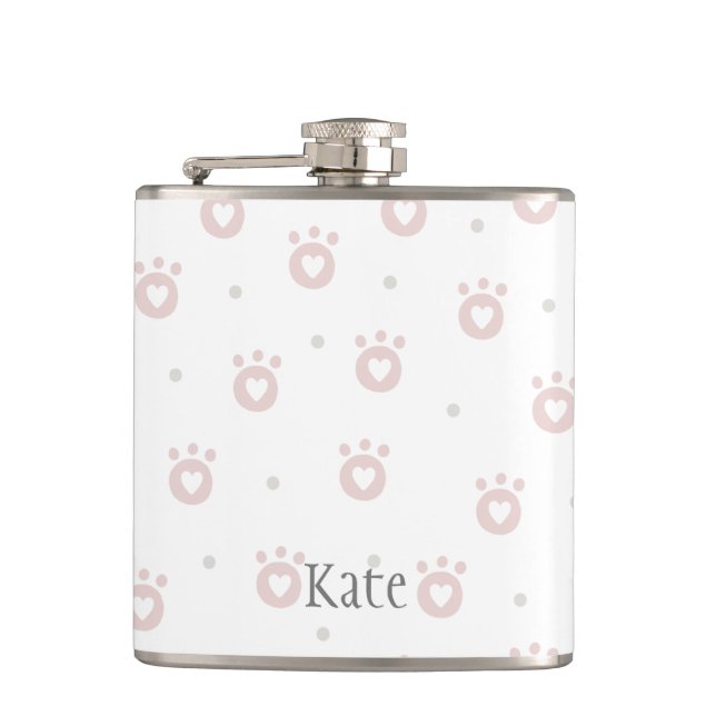 Niedliche rosa Katzenpaws mit Herz | Personalisier Flachmann (Vorderseite)