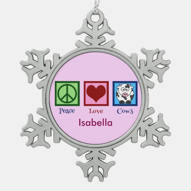 Niedliche rosa Kuh Schneeflocken Zinn-Ornament (Vorderseite)