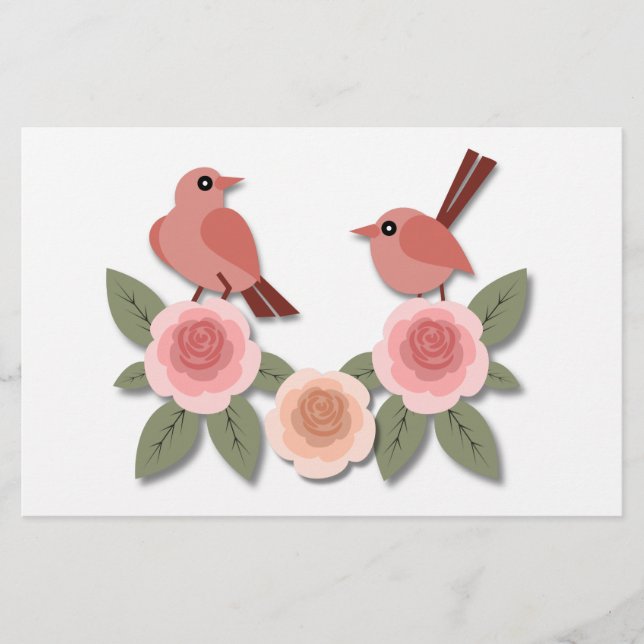 Niedliche Rosa Liebesvögel und blühende Rose Briefpapier (Vorderseite)