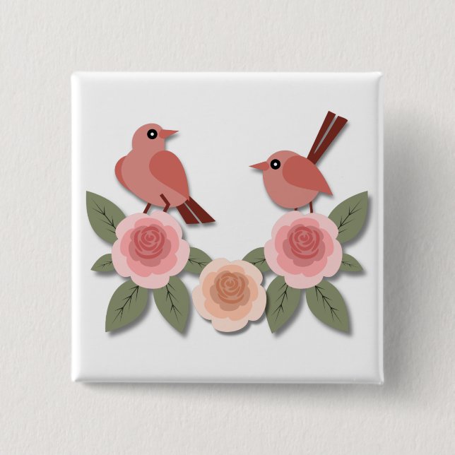 Niedliche Rosa Liebesvögel und blühende Rose Button (Vorderseite)