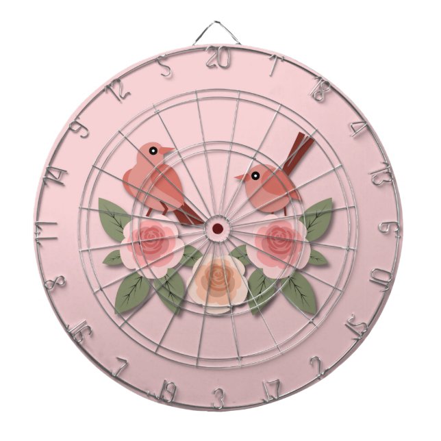 Niedliche Rosa Liebesvögel und blühende Rose Dartscheibe (vorne)