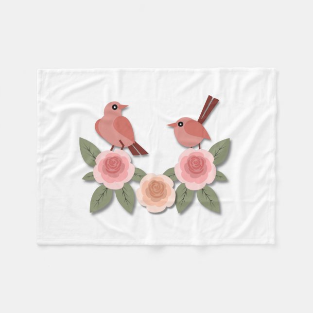 Niedliche Rosa Liebesvögel und blühende Rose Fleecedecke (Vorderseite (Horizontal))