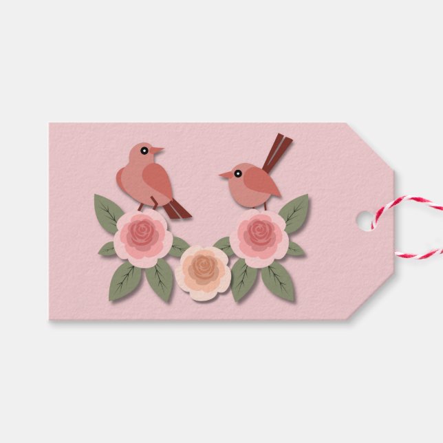 Niedliche Rosa Liebesvögel und blühende Rose Geschenkanhänger (Vorderseite (Horizontal))