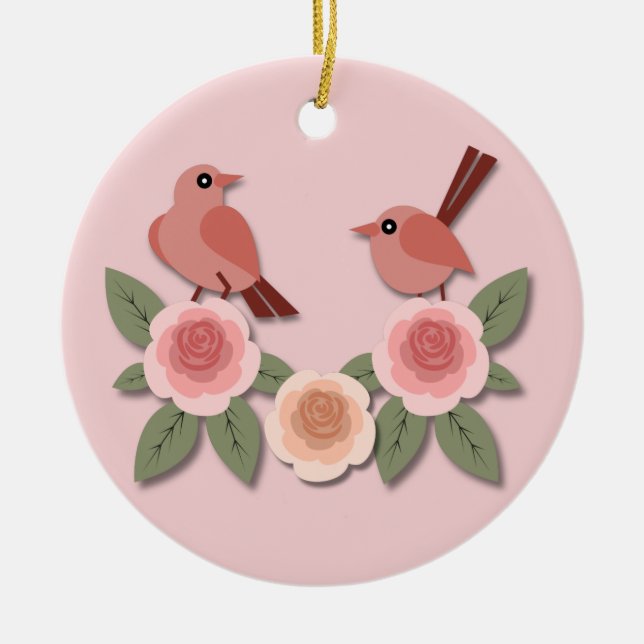 Niedliche Rosa Liebesvögel und blühende Rose Keramik Ornament (Vorne)