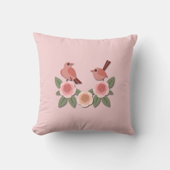 Niedliche Rosa Liebesvögel und blühende Rose Kissen (Vorderseite)
