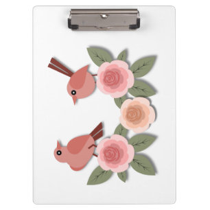 Niedliche Rosa Liebesvögel und blühende Rose Klemmbrett