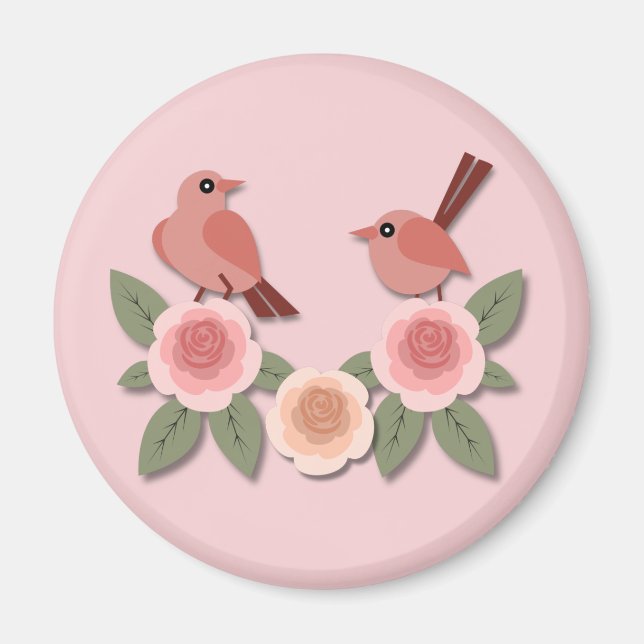 Niedliche Rosa Liebesvögel und blühende Rose Magnet (Vorne)