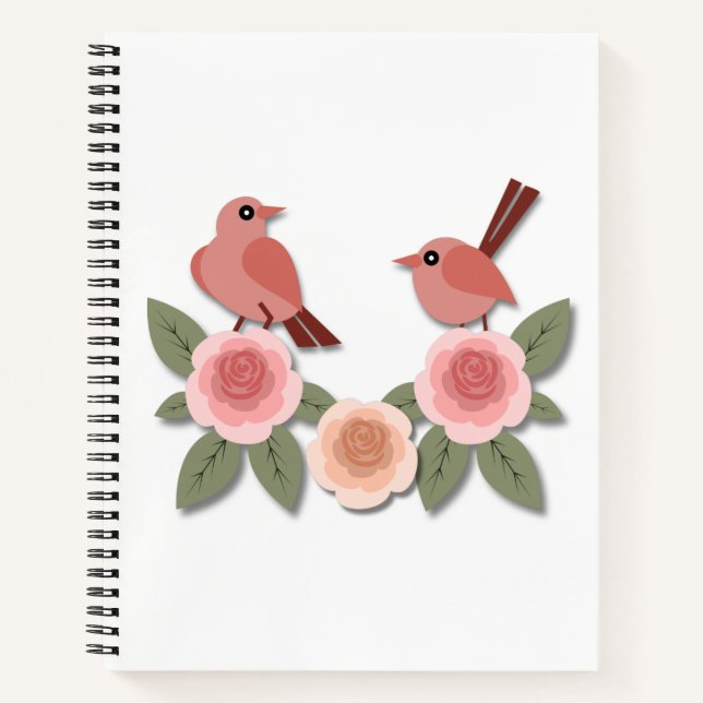 Niedliche Rosa Liebesvögel und blühende Rose Notizbuch (Vorderseite)