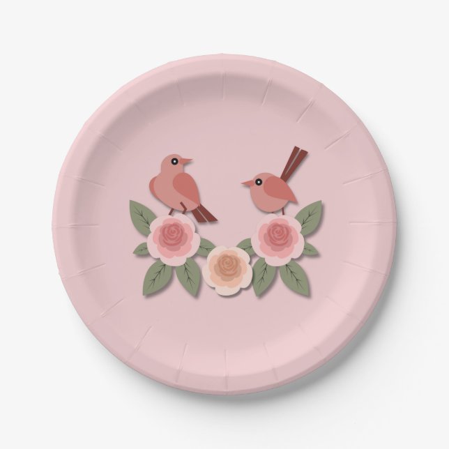 Niedliche Rosa Liebesvögel und blühende Rose Pappteller (Vorderseite)