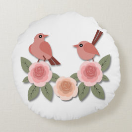 Niedliche Rosa Liebesvögel und blühende Rose Rundes Kissen
