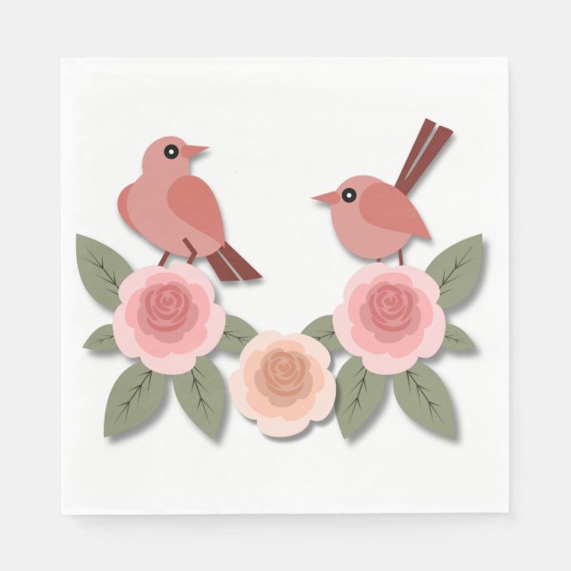 Niedliche Rosa Liebesvögel und blühende Rose Serviette (Vorderseite)