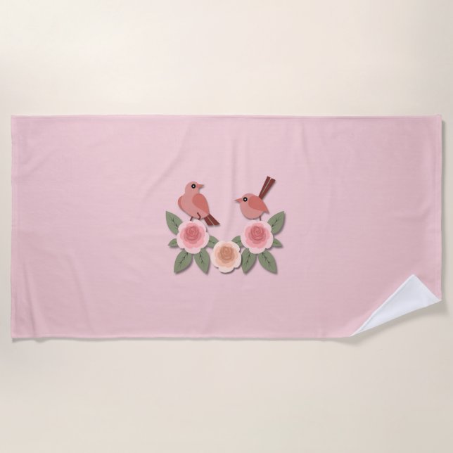 Niedliche Rosa Liebesvögel und blühende Rose Strandtuch (Vorderseite)