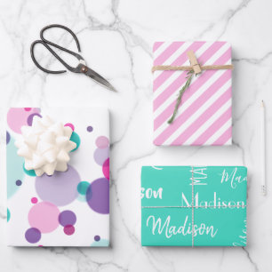 Niedliche rosa Minze lila Farbpunkte Name Geburtst Geschenkpapier Set