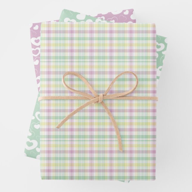 Niedliche rosa Minzgrün Streifen Karo Herz Muster Geschenkpapier Set (Beispiel)