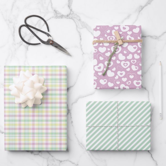 Niedliche rosa Minzgrün Streifen Karo Herz Muster Geschenkpapier Set (Vorderseite)