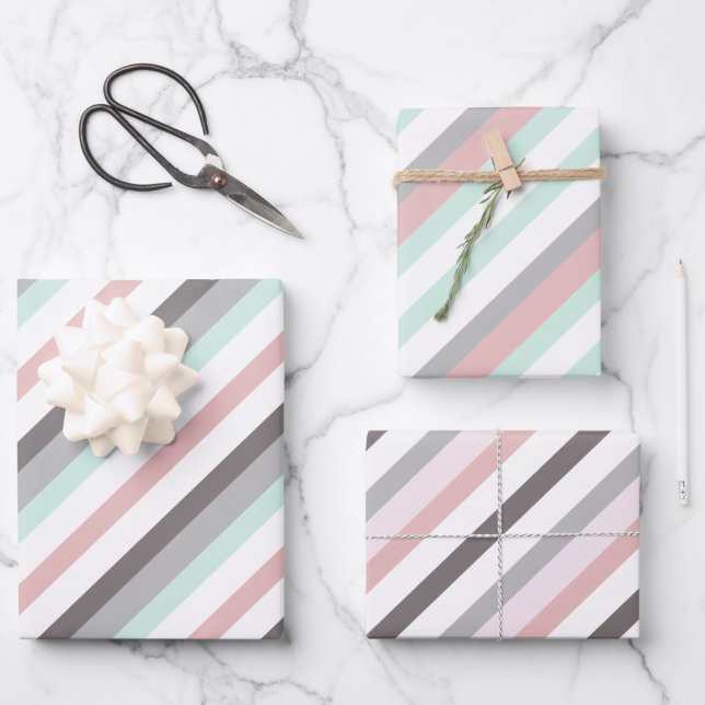 Niedliche rosa Minzgrün und graue Streifen Geschenkpapier Set (Vorderseite)