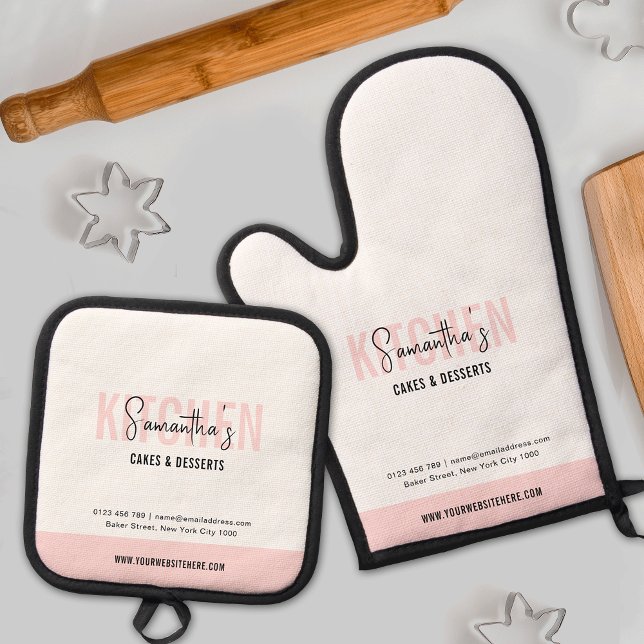Niedliche Rosa Monogram Bakery Logo Girl Ofenhandschuh & Topflappen-Set (Trendy blush pink oven mitt and pot holder with space for your custom name or logo)
