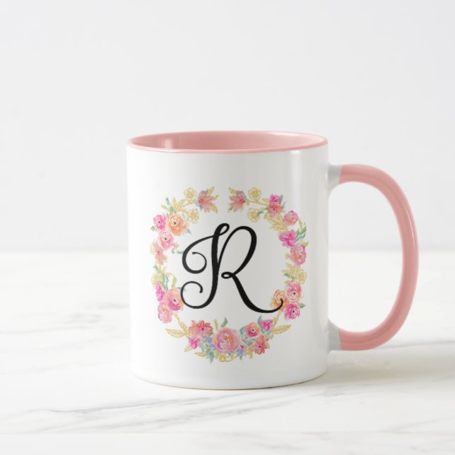 Niedliche rosa Monogramm (R)-Blume Tasse (Rechts)
