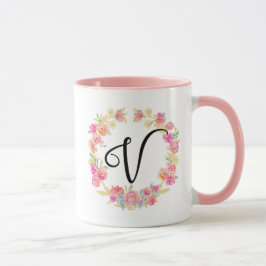 Niedliche rosa Monogramm (V) Blume Tasse Kräne