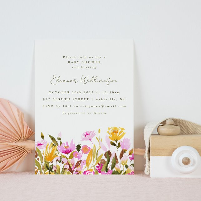 Niedliche Rosa Olive Wasserfarben Blumenbaby Dusch Einladung (Von Creator hochgeladen)