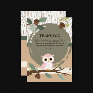 Niedliche Rosa Owl Woodland Forest Baby Dusche Dankeskarte