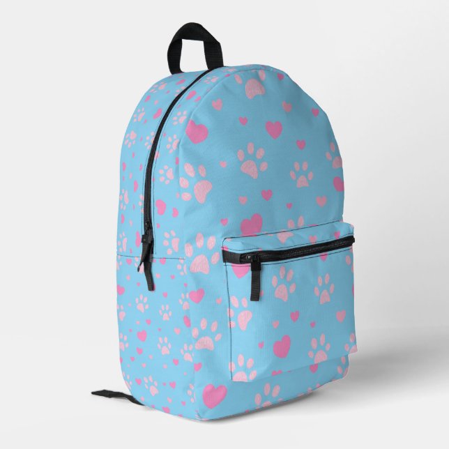 Niedliche rosa Paw Print and Heart Pattern Backpac Bedruckter Rucksack (Rückseitige Ecke links)