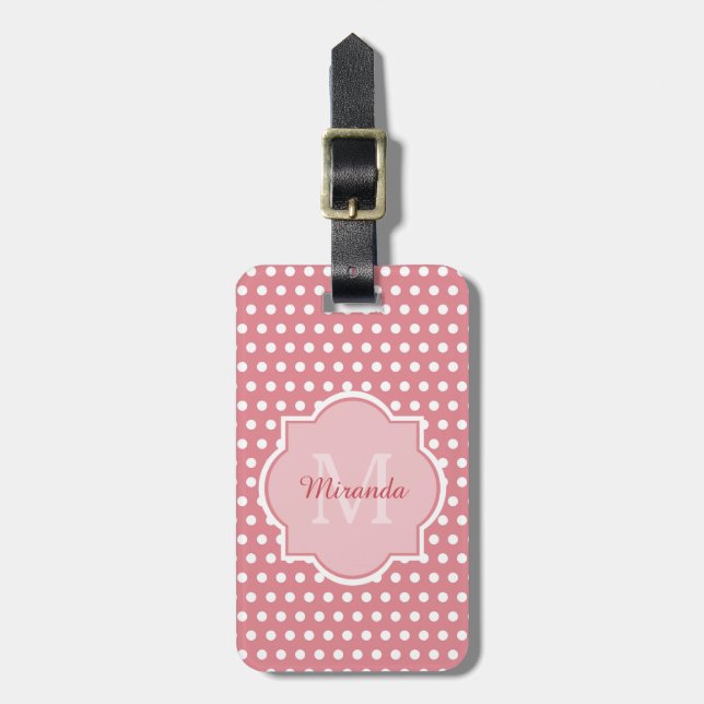 Niedliche rosa Polka-Punkte mit Monogramm und Gepäckanhänger (Vorderseite vertikal)