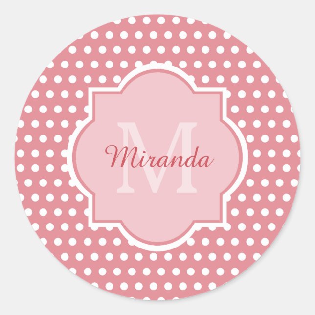 Niedliche rosa Polka-Punkte mit Monogramm und Name Runder Aufkleber (Vorderseite)
