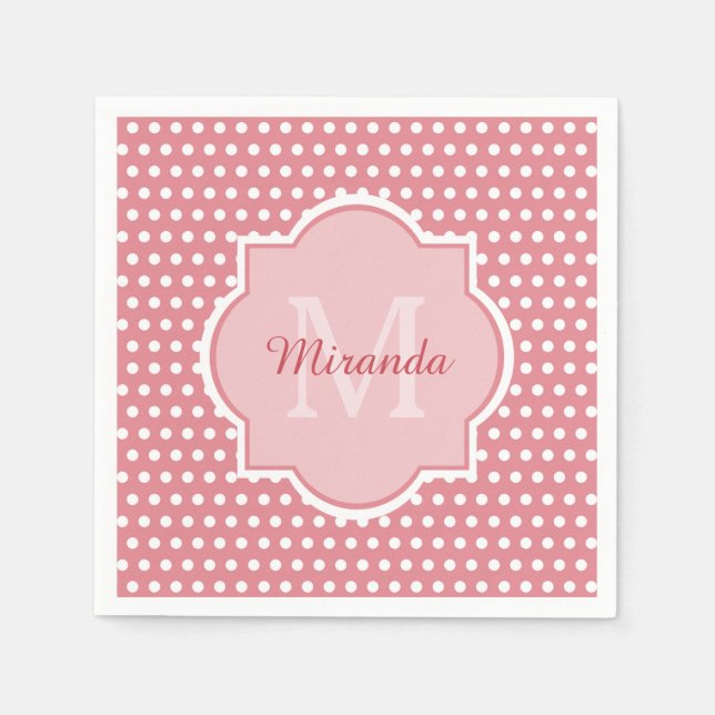 Niedliche rosa Polka-Punkte mit Monogramm und Name Serviette (Vorderseite)