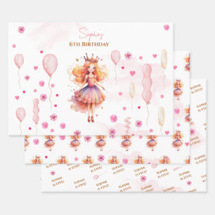 Niedliche rosa Prinzessin und Ballons Geburtstag Geschenkpapier Set