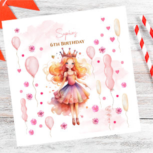 Niedliche rosa Prinzessin und Ballons Geburtstag Serviette
