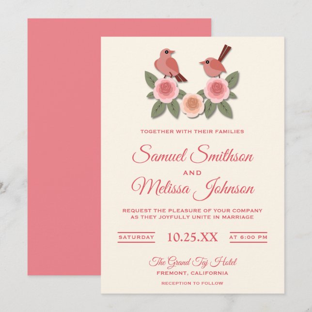Niedliche Rosa-Romantische Vögel Blumenzwiebeln Ei Einladung (Vorne/Hinten)