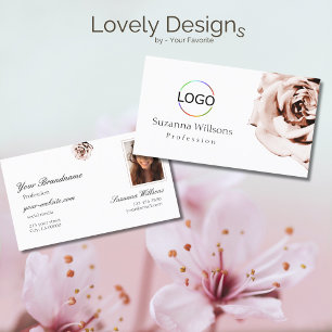 Niedliche Rosa Rose Schlicht weiß mit Logo-Foto Visitenkarte