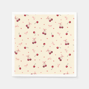 Niedliche rosa rote Kirschen Herz Bows auf Creme Serviette