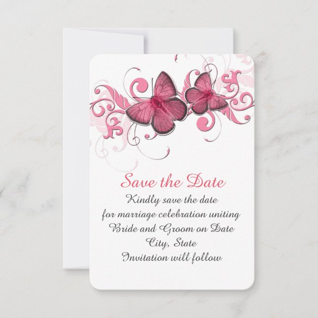 Niedliche Rosa Schmetterling-Wirbel Save the Date (Vorderseite)