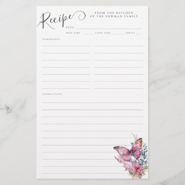 Niedliche Rosa Schmetterlingskarte Wildblume Rezep (Vorderseite)