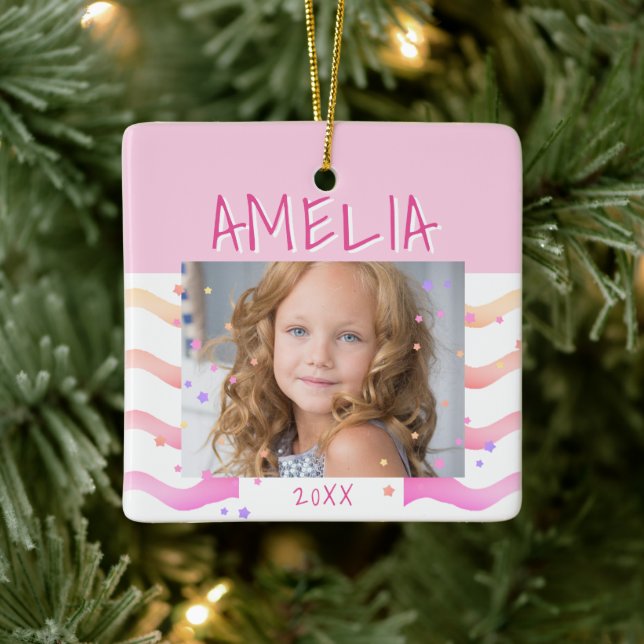 Niedliche Rosa Sterne und Waves Girly Foto Keramik Keramikornament (Baum)