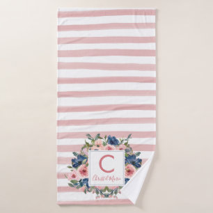 Niedliche Rosa Streifen Navy Blue Floral Monogram Badhandtuch Set