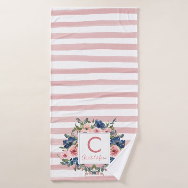 Niedliche Rosa Streifen Navy Blue Floral Monogram Badhandtuch Set (Badehandtuch)