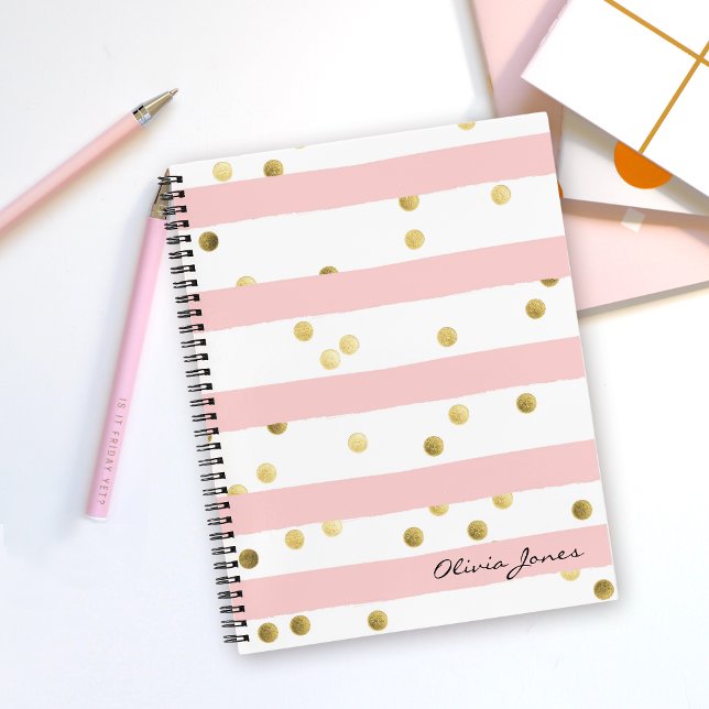 Niedliche rosa Streifen und Punkte mit Namen Notizbuch (Personalize this notebook with your name or other desired text.)