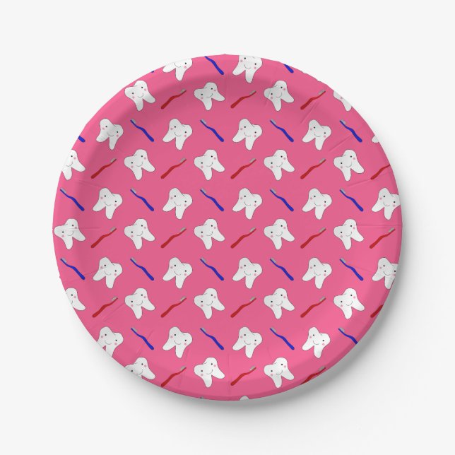 Niedliche rosa toothburshes und Zahnmuster Pappteller (Vorderseite)
