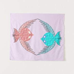 Niedliche Rosa und Blaue Liebesvögel Wandteppich