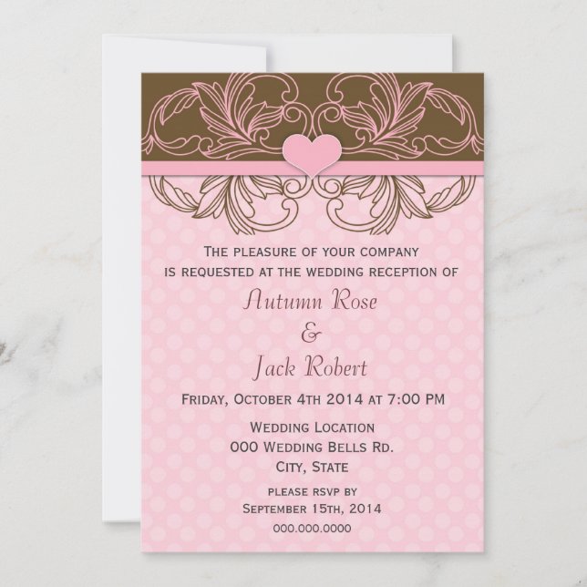 Niedliche rosa und braune Hochzeitsempfehlung Einladung (Vorderseite)