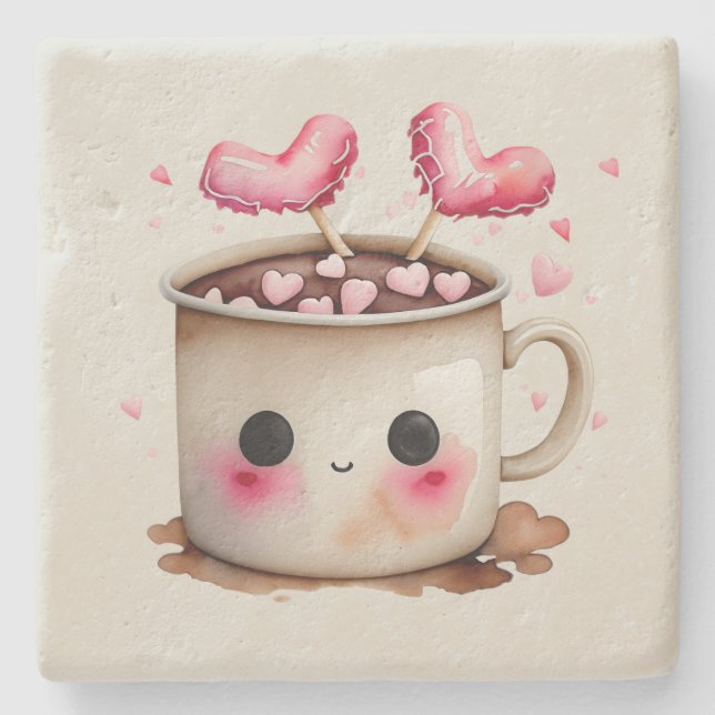 Niedliche Rosa und Creme Wasserfarbe Tasse Steinuntersetzer (Vorderseite)