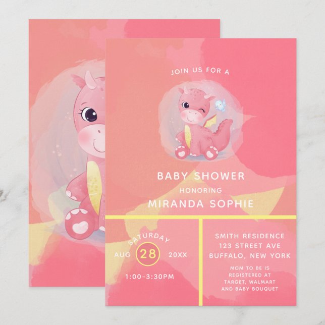 Niedliche Rosa und Gelbe Dinosaurier Girl Babydusc Einladung (Vorne/Hinten)